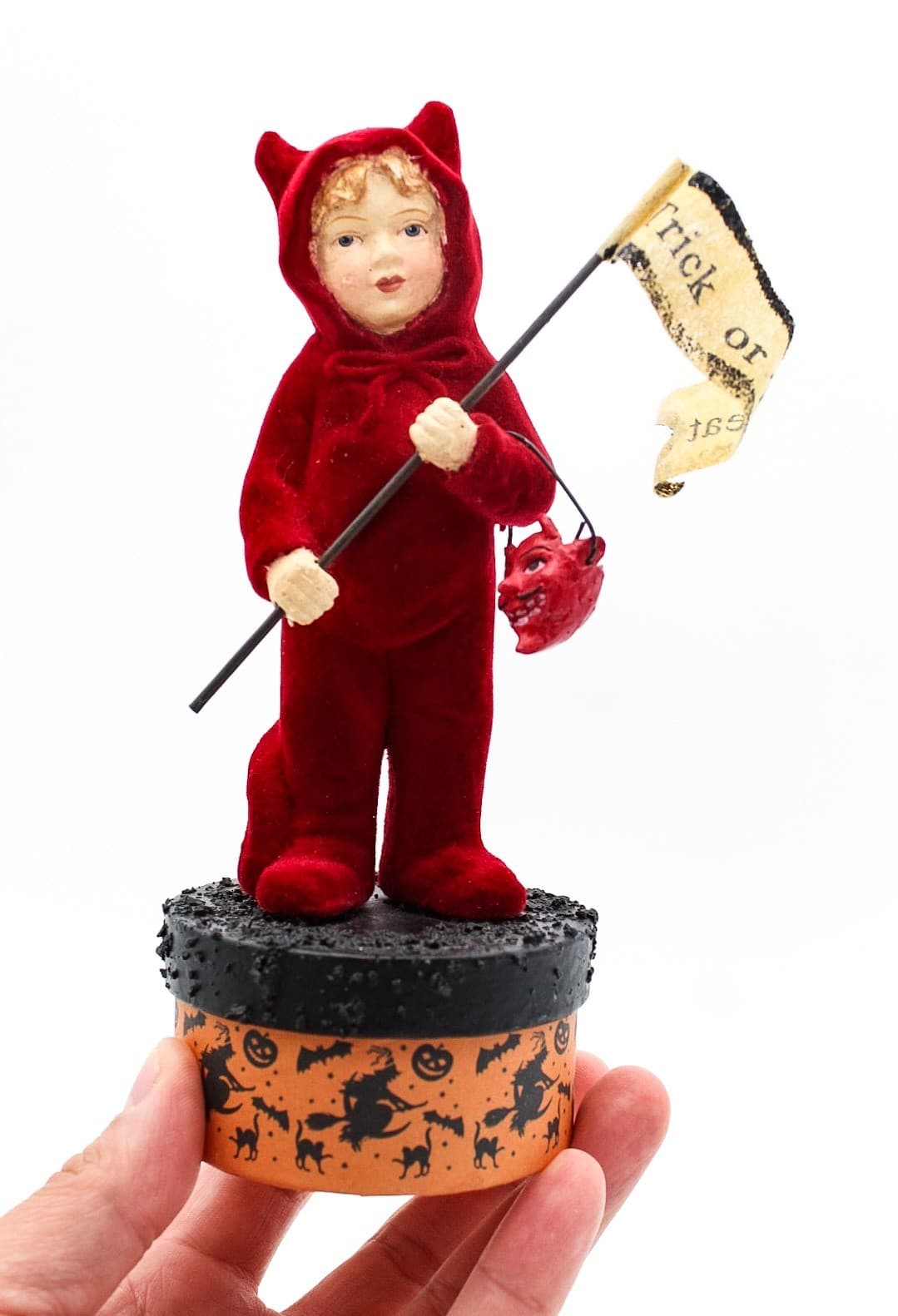 Bethany Lowe Trick Or Treat Devil Kid Halloween Flocked Costume Candy Box 7" - Thumbnail 3