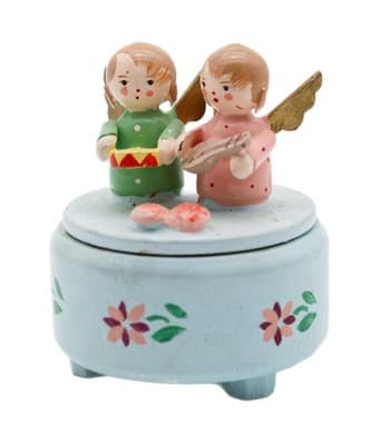 Vintage Made In Italy Hand Painted Wood Musician Angels Blue Trinket Box - Image 1