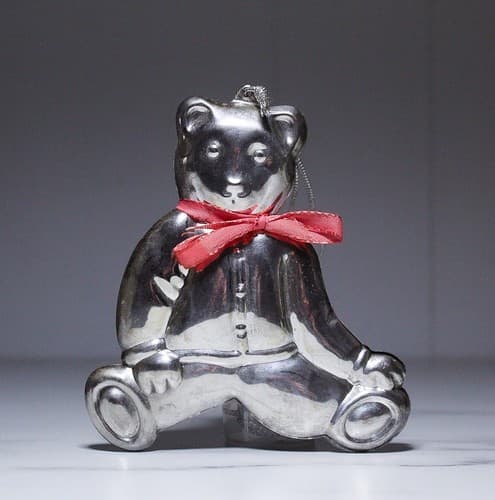 Vintage Silver Plate Double Sided Bear With Bow Christmas Ornament - Thumbnail 2