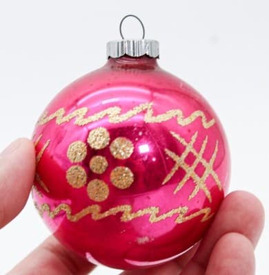 Vintage SHINY BRITE Hot Pink Gold Mica Glitter Glass Ball Christmas Ornament - Thumbnail 2
