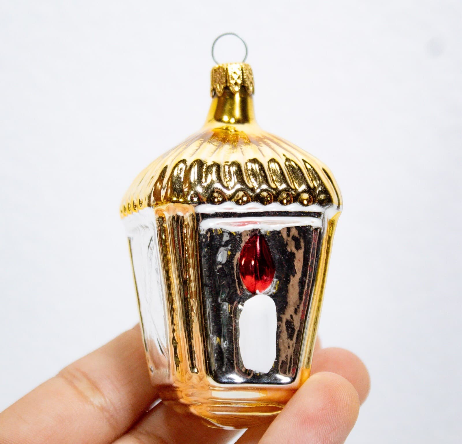 Vintage Made In Colombia Gold Silver Mercury Glass Lantern Christmas Ornament - Thumbnail 7