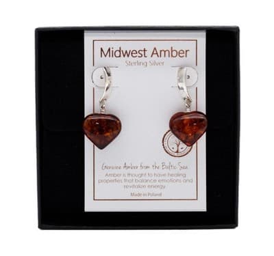 Midwest Natural Baltic Amber Sterling Silver Poland Heart Shaped Earrings New - Image 1