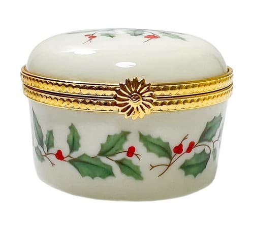 Vintage LENOX Christmas Holly Berry Round Porcelain Hinged Trinket Box - Image 1
