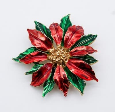 New View Vintage Enamel Poinsettia Christmas Flower Red & Green Pin Brooch - Thumbnail 4