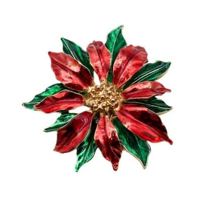New View Vintage Enamel Poinsettia Christmas Flower Red & Green Pin Brooch - Image 1