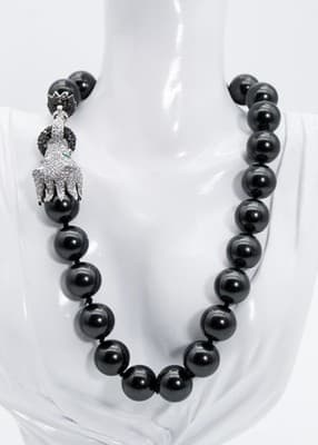 Vtg Sterling Silver Natural Black Agate CZ & Emerald Lion Clasp Beaded Necklace - Thumbnail 2