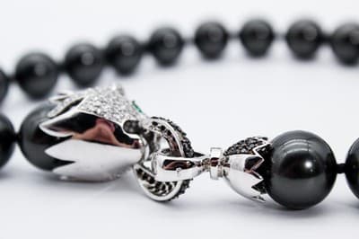Vtg Sterling Silver Natural Black Agate CZ & Emerald Lion Clasp Beaded Necklace - Thumbnail 8