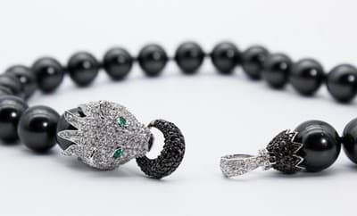 Vtg Sterling Silver Natural Black Agate CZ & Emerald Lion Clasp Beaded Necklace - Thumbnail 9