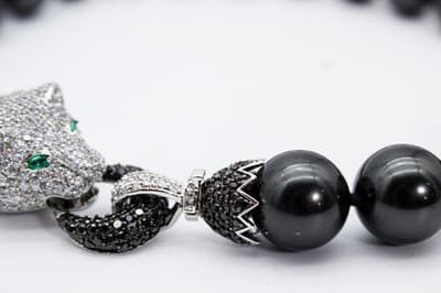 Vtg Sterling Silver Natural Black Agate CZ & Emerald Lion Clasp Beaded Necklace - Thumbnail 5