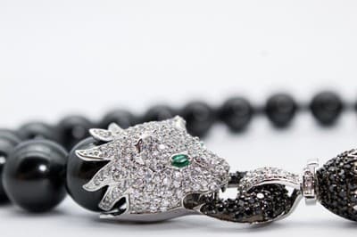 Vtg Sterling Silver Natural Black Agate CZ & Emerald Lion Clasp Beaded Necklace - Thumbnail 7