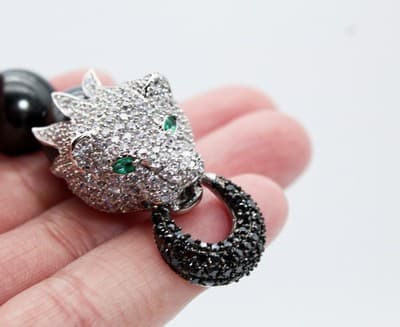 Vtg Sterling Silver Natural Black Agate CZ & Emerald Lion Clasp Beaded Necklace - Thumbnail 10