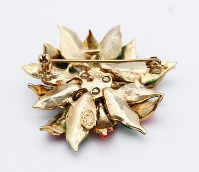 New View Vintage Enamel Poinsettia Christmas Flower Red & Green Pin Brooch - Thumbnail 5