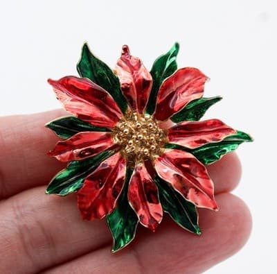 New View Vintage Enamel Poinsettia Christmas Flower Red & Green Pin Brooch - Thumbnail 2