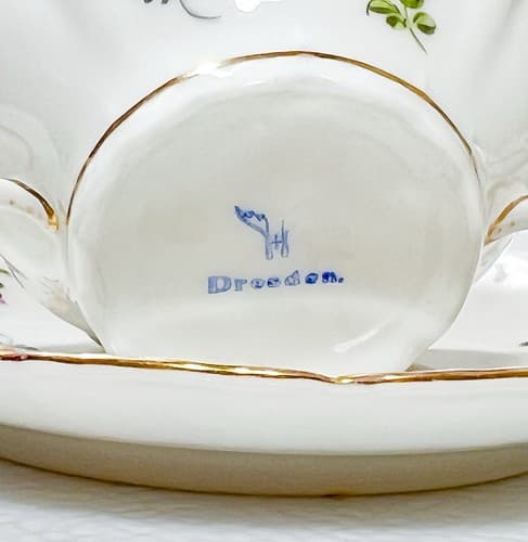 DRESDEN Germany Antique Hand Painted Floral Double Handle Porcelain Cup & Saucer - Thumbnail 3
