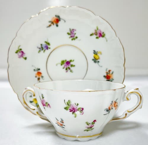 DRESDEN Germany Antique Hand Painted Floral Double Handle Porcelain Cup & Saucer - Thumbnail 2
