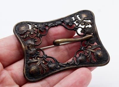Victorian Antique Brass Floral Sash Belt Buckle Rectangular Pin Brooch - Thumbnail 2