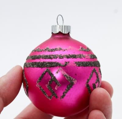 Shiny Brite Vintage Fuchsia Black Mica Decorated Glass Ball Christmas Ornament - Thumbnail 2