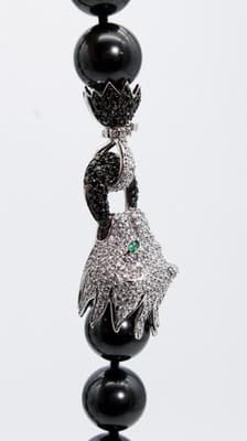 Vtg Sterling Silver Natural Black Agate CZ & Emerald Lion Clasp Beaded Necklace - Thumbnail 4