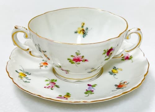 DRESDEN Germany Antique Hand Painted Floral Double Handle Porcelain Cup & Saucer - Thumbnail 4