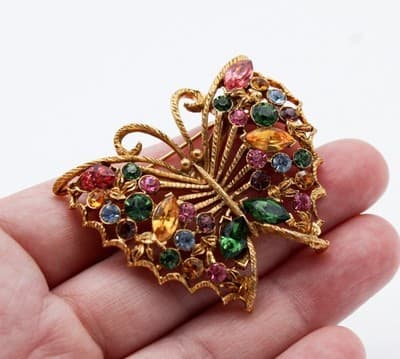 Vintage Multicolor Rhinestone Gold Tone Buttefly Insect Motif Pin Brooch - Thumbnail 3
