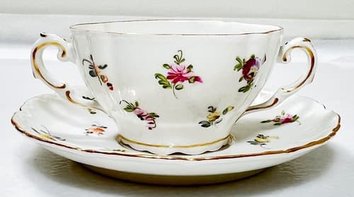 DRESDEN Germany Antique Hand Painted Floral Double Handle Porcelain Cup & Saucer - Thumbnail 8