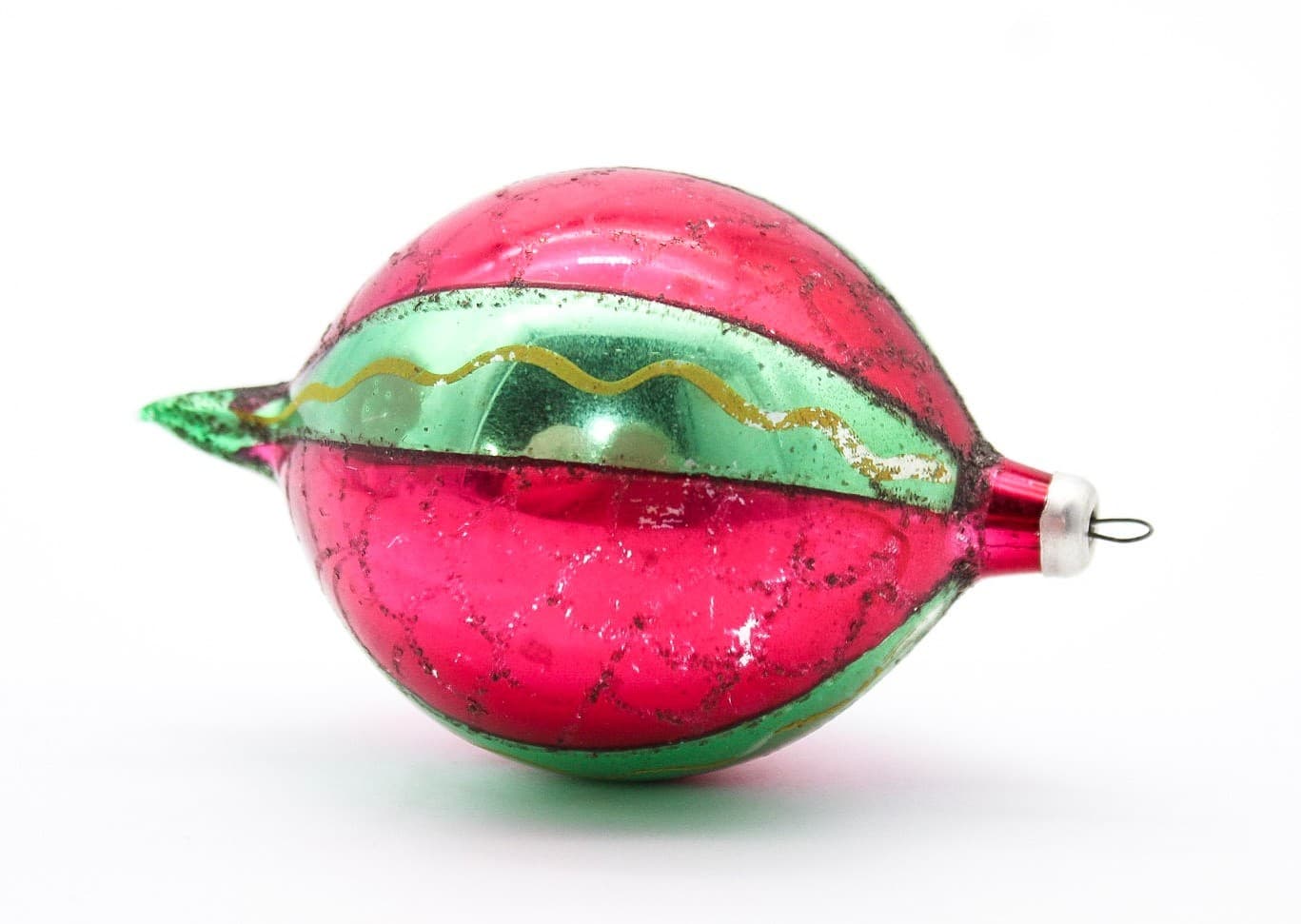 Vintage Made In Poland Red Green Striped Mica Teardrop Glass Christmas Ornament - Thumbnail 2
