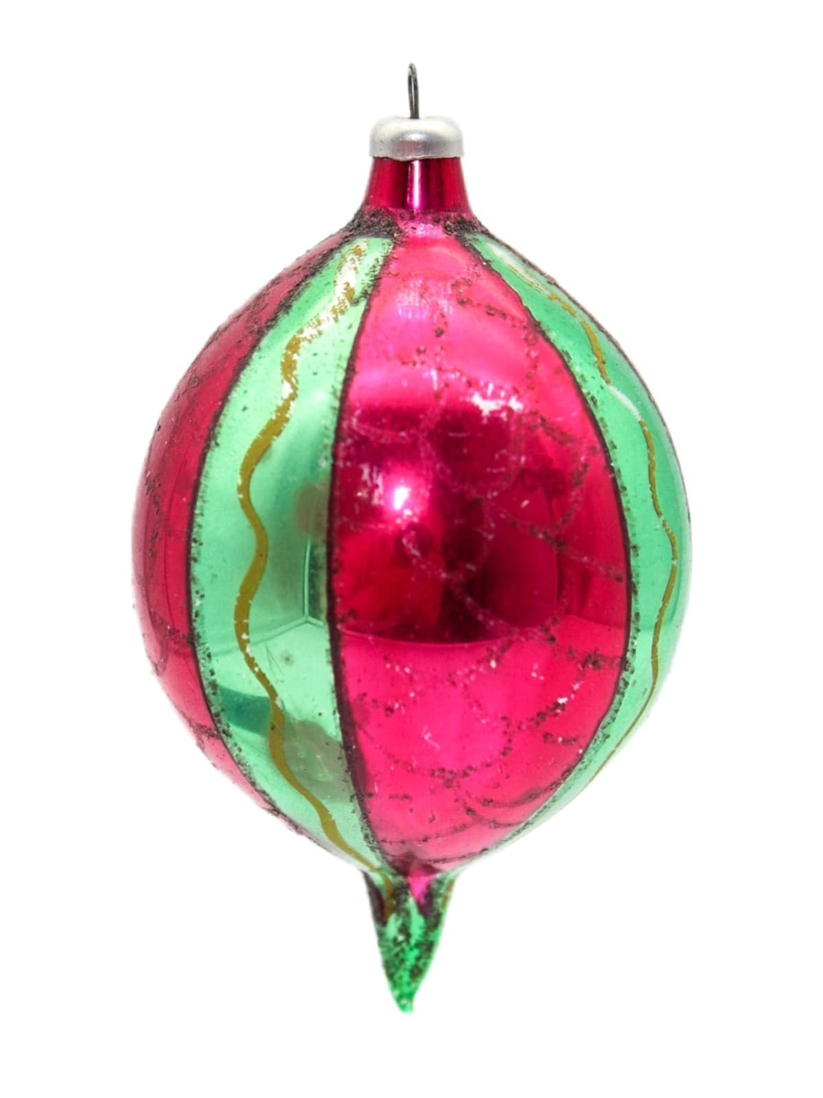 Vintage Made In Poland Red Green Striped Mica Teardrop Glass Christmas Ornament - Image 1
