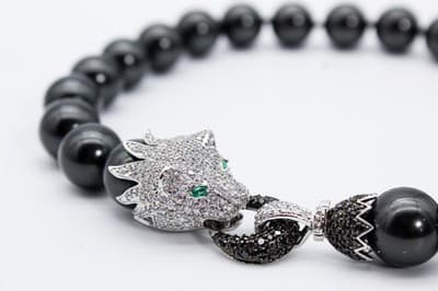 Vtg Sterling Silver Natural Black Agate CZ & Emerald Lion Clasp Beaded Necklace - Thumbnail 3