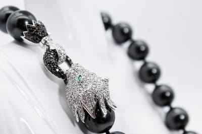 Vtg Sterling Silver Natural Black Agate CZ & Emerald Lion Clasp Beaded Necklace - Thumbnail 11