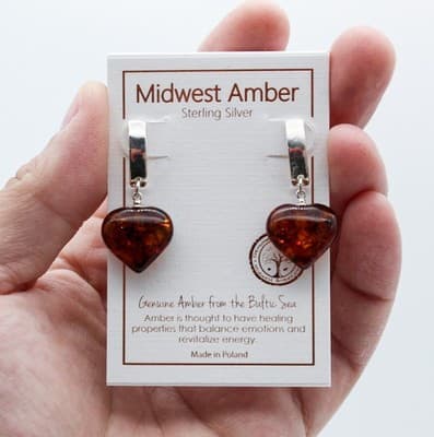 Midwest Natural Baltic Amber Sterling Silver Poland Heart Shaped Earrings New - Thumbnail 2