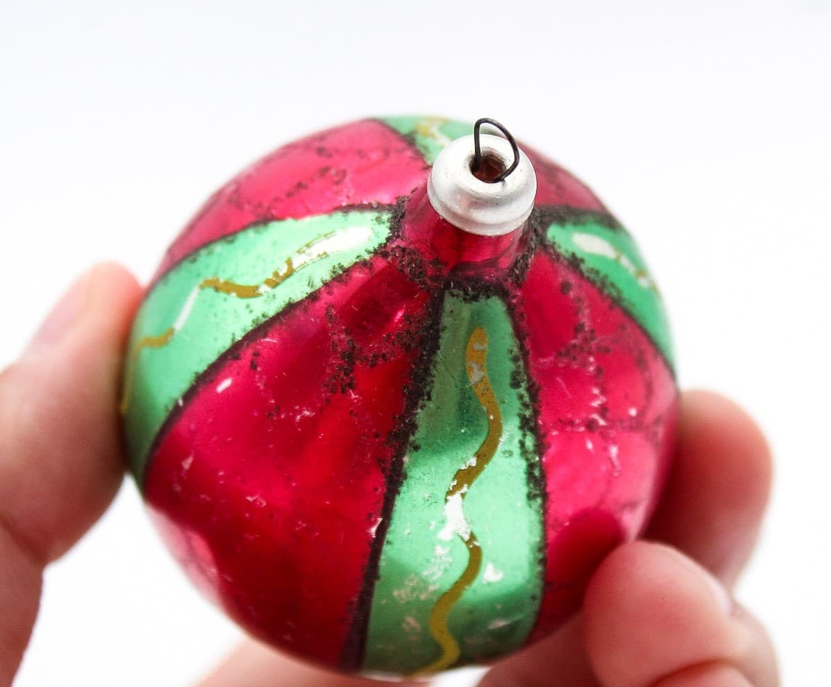 Vintage Made In Poland Red Green Striped Mica Teardrop Glass Christmas Ornament - Thumbnail 5