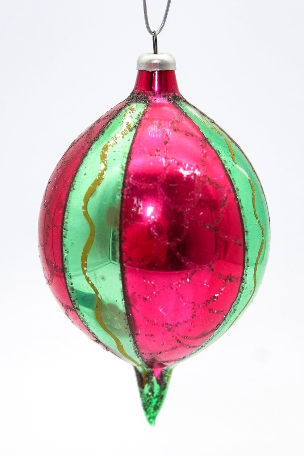 Vintage Made In Poland Red Green Striped Mica Teardrop Glass Christmas Ornament - Thumbnail 7