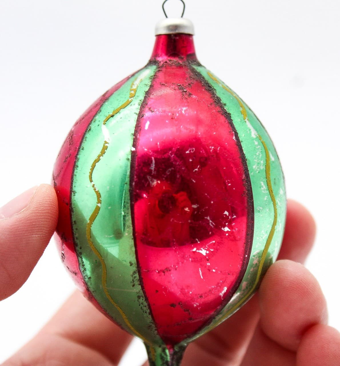 Vintage Made In Poland Red Green Striped Mica Teardrop Glass Christmas Ornament - Thumbnail 6