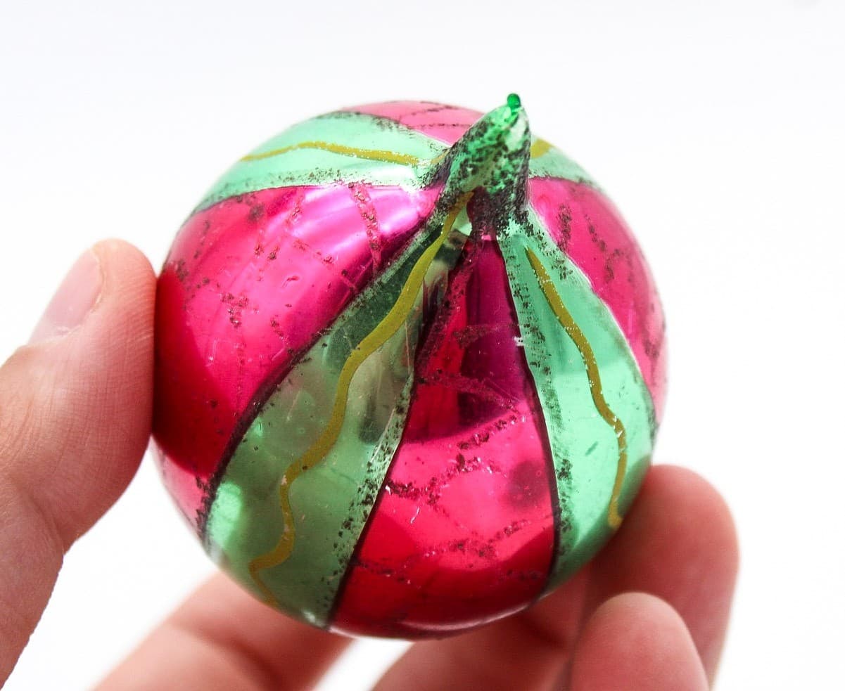 Vintage Made In Poland Red Green Striped Mica Teardrop Glass Christmas Ornament - Thumbnail 4