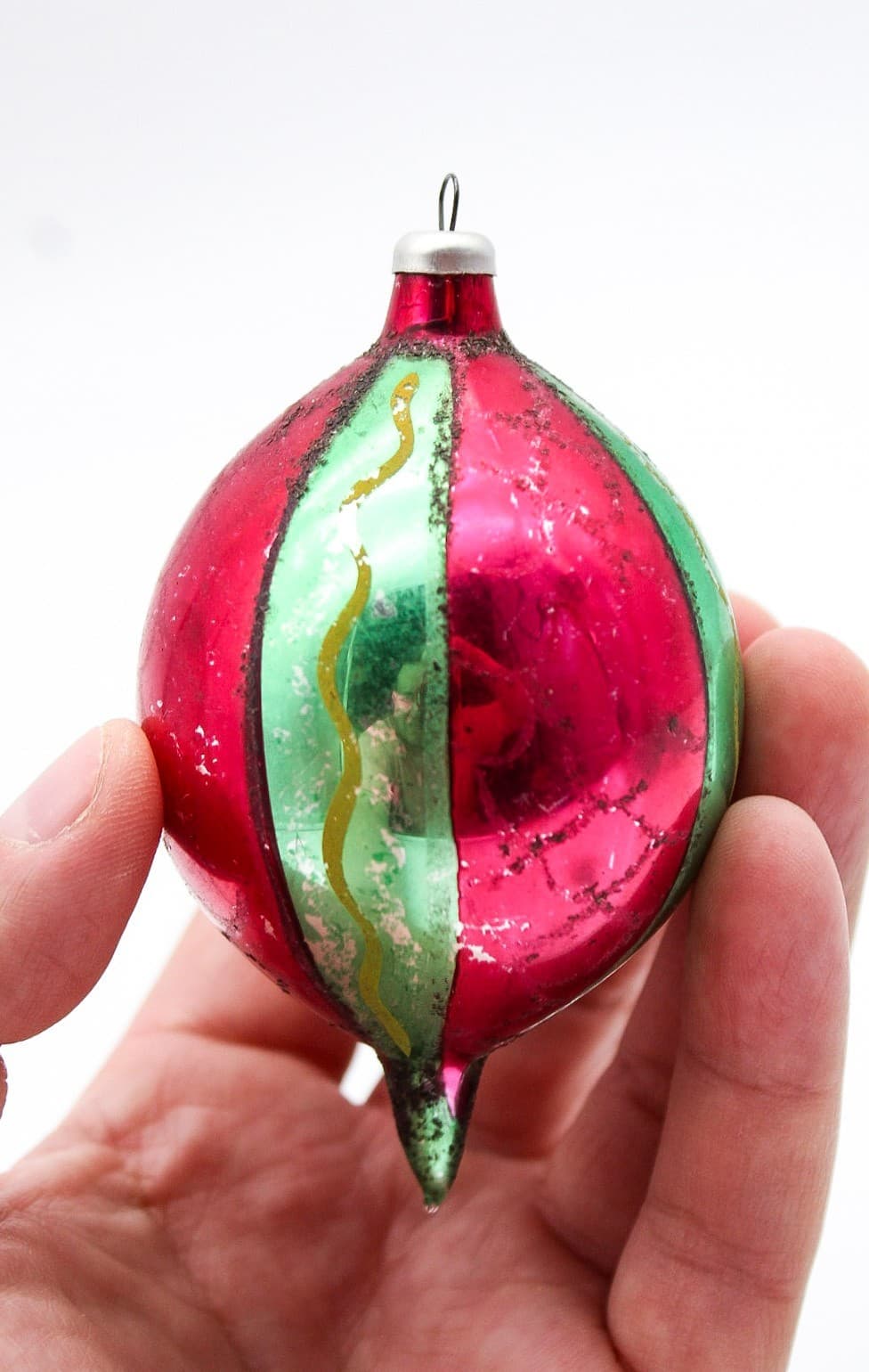 Vintage Made In Poland Red Green Striped Mica Teardrop Glass Christmas Ornament - Thumbnail 3