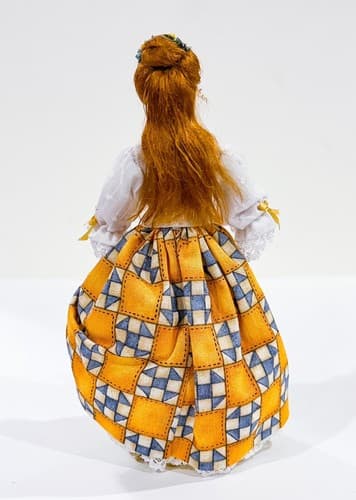 Vintage OOAK Yellow White &Blue Pattern Laced Dress Miniature Porcelain Doll - Thumbnail 4