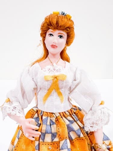 Vintage OOAK Yellow White &Blue Pattern Laced Dress Miniature Porcelain Doll - Thumbnail 2
