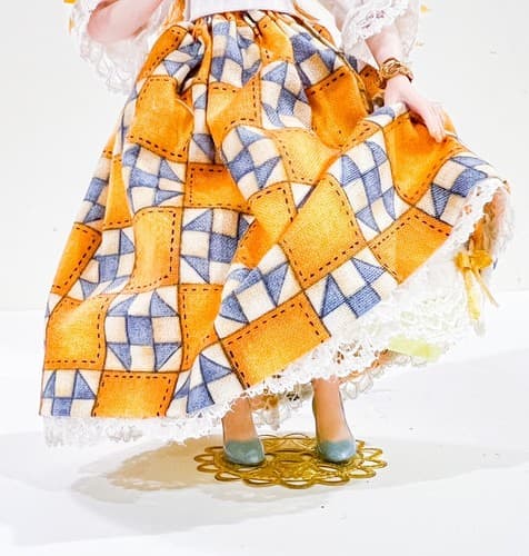 Vintage OOAK Yellow White &Blue Pattern Laced Dress Miniature Porcelain Doll - Thumbnail 5