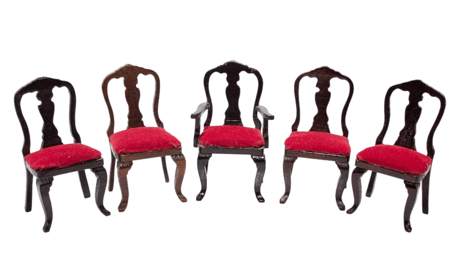 Vintage Set Of 5 Miniature Dollhouse Red Upholstered Wood Living Room Chairs - Image 1