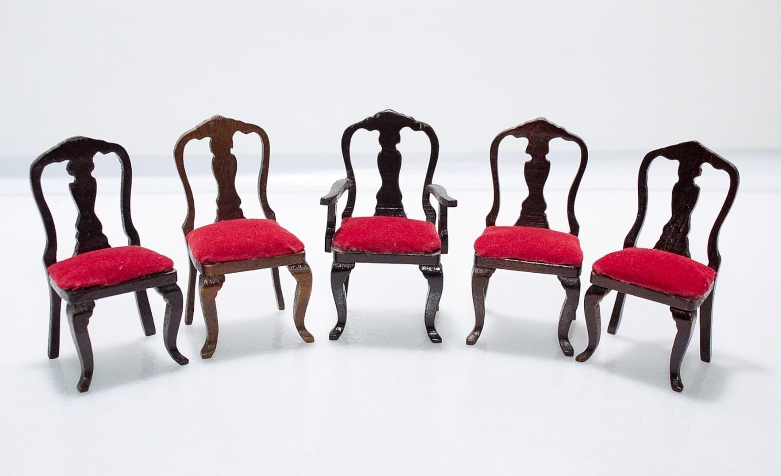 Vintage Set Of 5 Miniature Dollhouse Red Upholstered Wood Living Room Chairs - Thumbnail 5