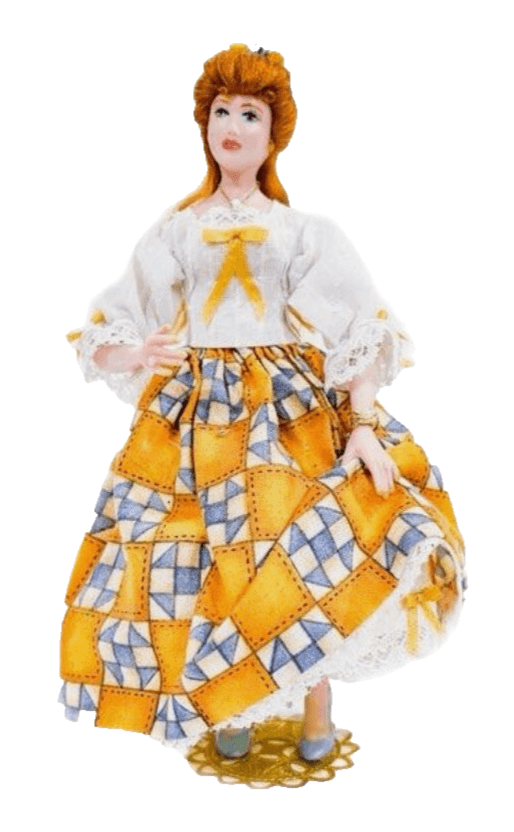 Vintage OOAK Yellow White &Blue Pattern Laced Dress Miniature Porcelain Doll - Image 1