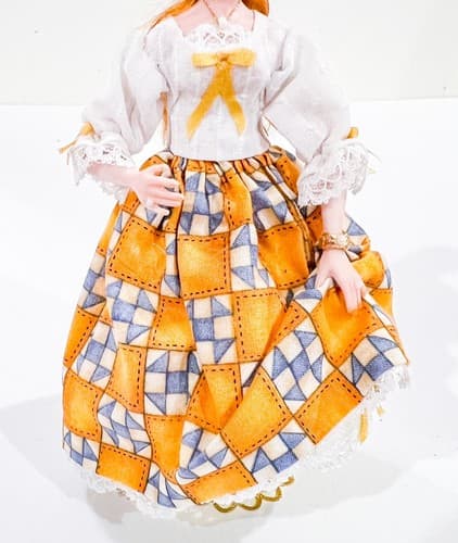 Vintage OOAK Yellow White &Blue Pattern Laced Dress Miniature Porcelain Doll - Thumbnail 3