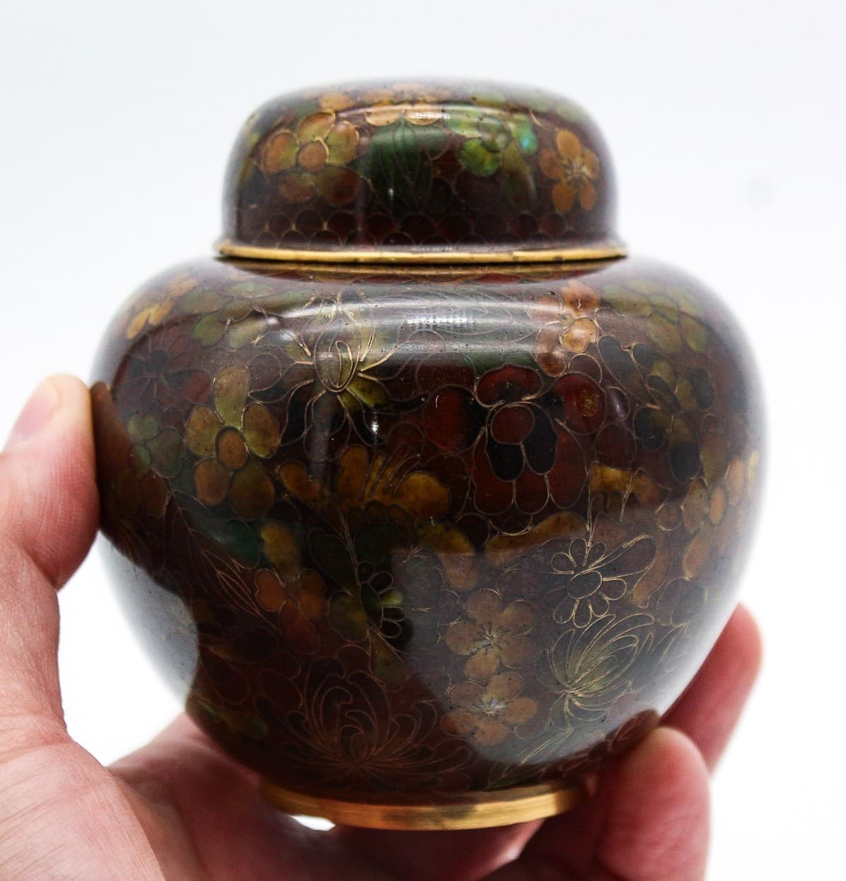 Vintage Chinese Cloisonne Floral Motif Earthy Tones Lidded Ginger Jar 4" - Thumbnail 2