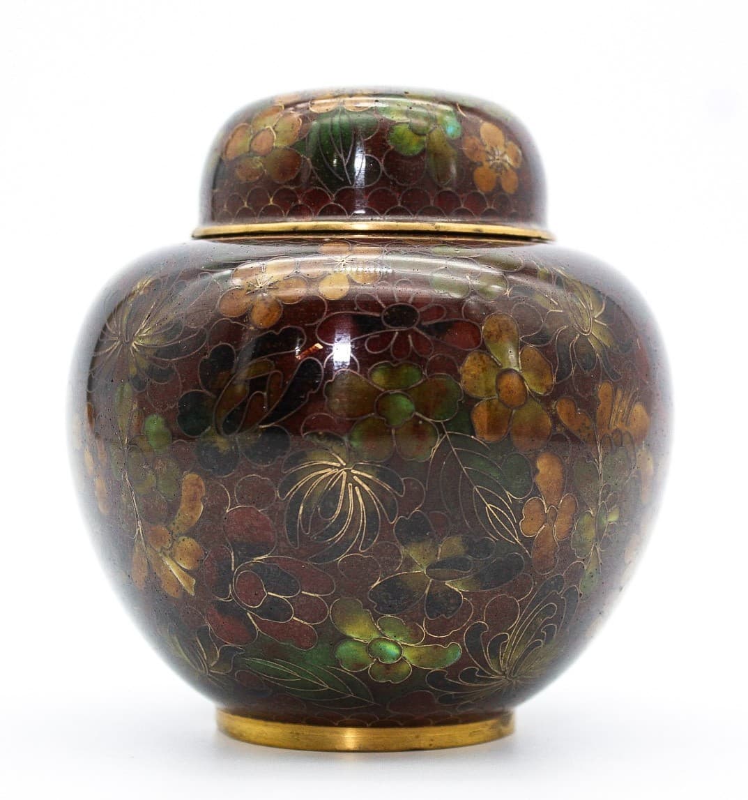 Vintage Chinese Cloisonne Floral Motif Earthy Tones Lidded Ginger Jar 4" - Thumbnail 9