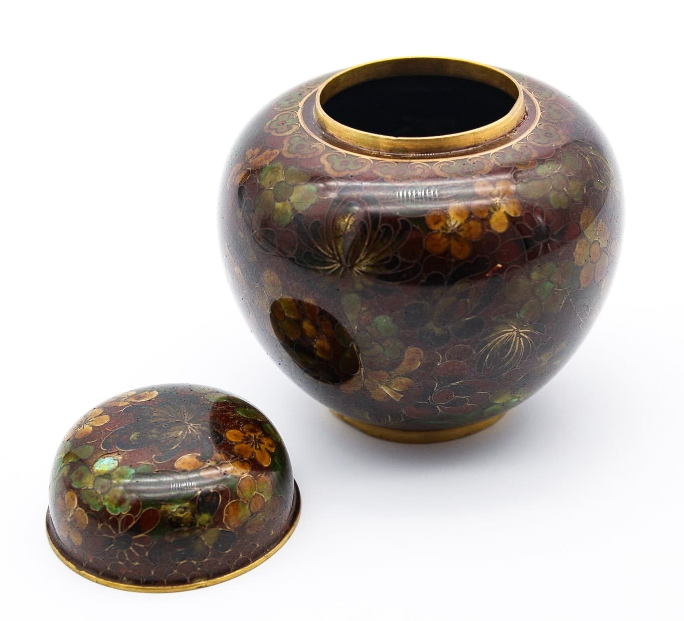 Vintage Chinese Cloisonne Floral Motif Earthy Tones Lidded Ginger Jar 4" - Thumbnail 3