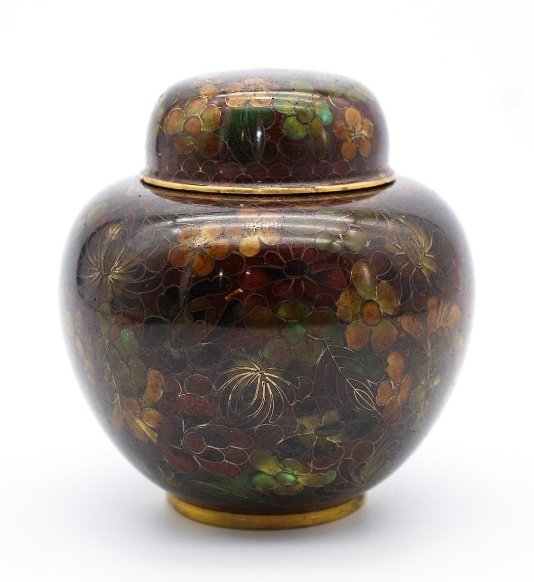 Vintage Chinese Cloisonne Floral Motif Earthy Tones Lidded Ginger Jar 4" - Thumbnail 10
