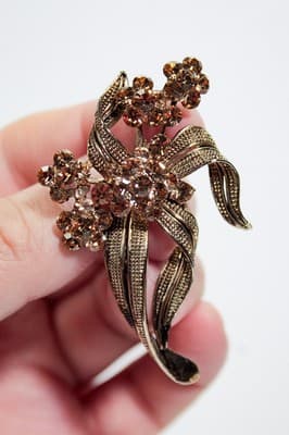 Vintage Rhinestone Amber Floral Bouquet Motif Cocktail Statement Pin Brooch - Thumbnail 2