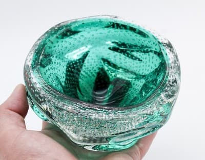 Murano Italy Mid Century Emerald Green Bubble Art Glass Serving Candy Dish Bowl - Thumbnail 7