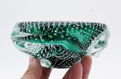 Murano Italy Mid Century Emerald Green Bubble Art Glass Serving Candy Dish Bowl - Thumbnail 2