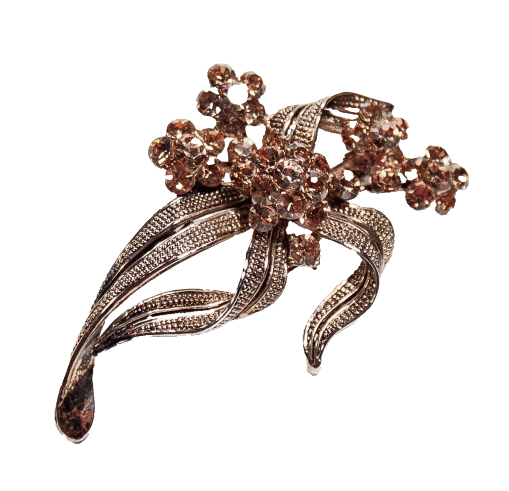 Vintage Rhinestone Amber Floral Bouquet Motif Cocktail Statement Pin Brooch - Image 1